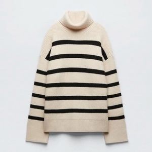 Zara Black and Cream Striped Turtleneck Sweater